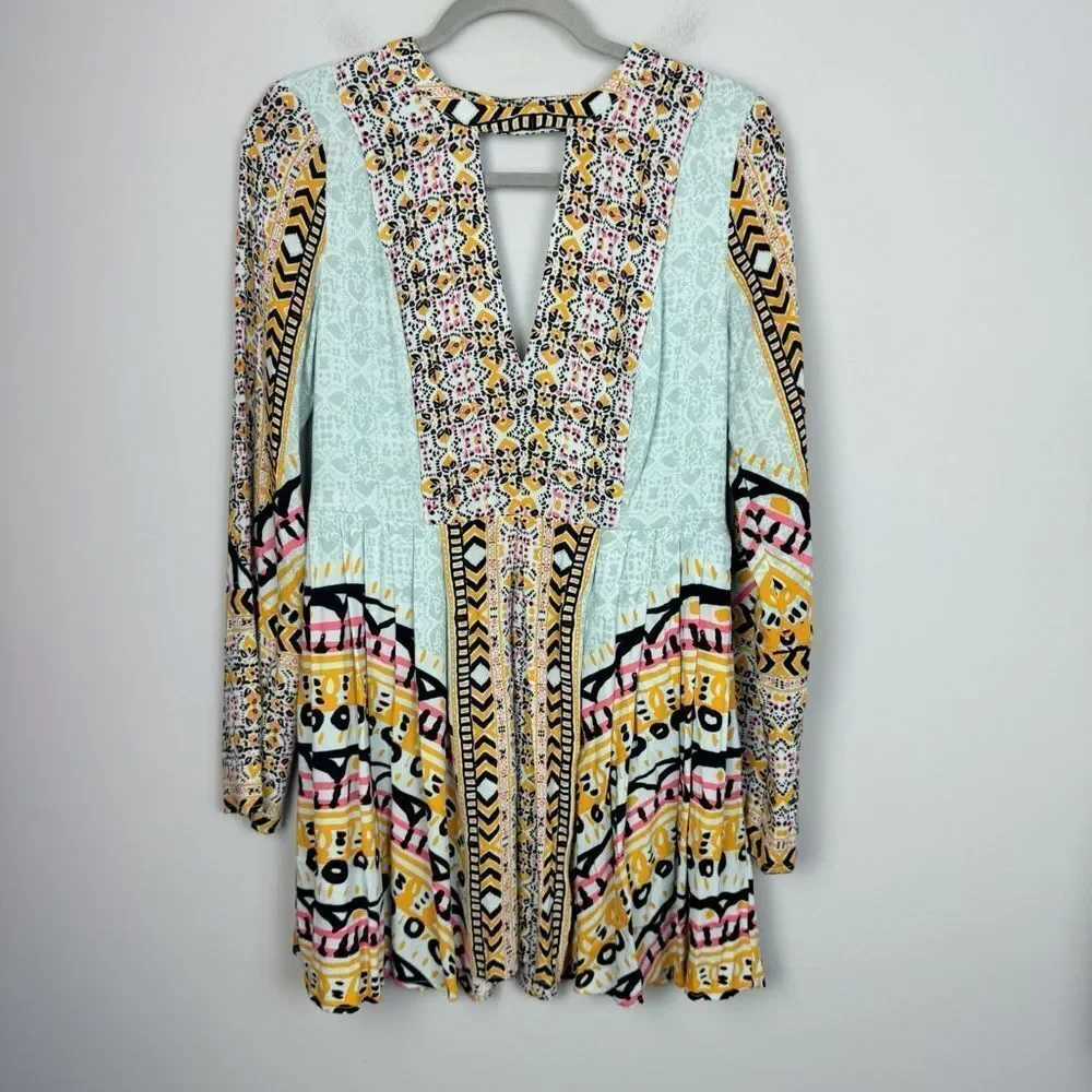 FREE PEOPLE | Teagan Boho Mini Dress Blue Yellow Pink Print Women’s Size 4